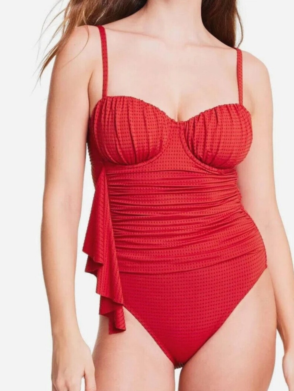 RHODE Women's Embossed Dot Red Textured One-Piece Swimsuit with Ruffle Small